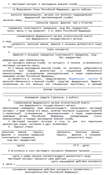 Типовая форма контракта о прохождении военной службы